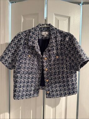 Evereve Navy & White Tweed Short Sleeve Boxy Jacket
